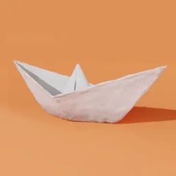 "Low poly Origami Boat 3D model created in Blender with mesh noise modifier. Support the artist and download this untextured, cell shaded adult animation inspired by Okada Hanko. Perfect for use in photo or animation projects with an orange and white color scheme."