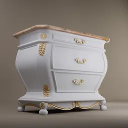 Detailed white and gold Baroque-style 3D sideboard, ideal for Blender 3D modeling and render projects.
