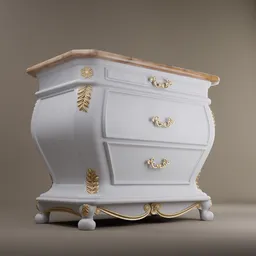 "Discover the elegance of this Baroque sideboard in white wood with intricate gold detailing. Perfect for your Blender 3D designs, this detailed 3D model boasts realistic textures and features a mirror, lamp, and chest of drawers. Created using the popular software Blender 3D, this neoclassical-style piece is sure to impress."