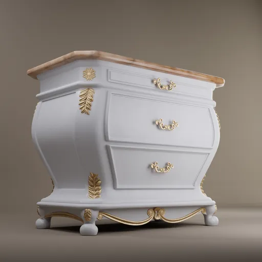 Detailed white and gold Baroque-style 3D sideboard, ideal for Blender 3D modeling and render projects.