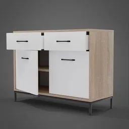"White and wood modern cabinet with metal legs, featuring 2 doors and 2 drawers for ample storage. High-quality photoreal details and intricate design make it a standout furniture piece for any interior design project. Created using Blender 3D software in 2019."