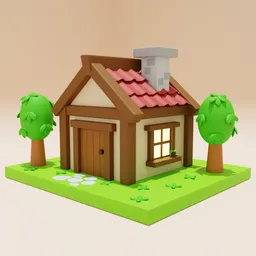 Stylized 3D rendered cartoon house with trees, optimized for Blender, suitable for gaming and animation assets.