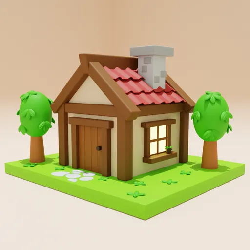 Stylized 3D rendered cartoon house with trees, optimized for Blender, suitable for gaming and animation assets.