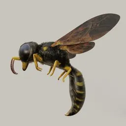 "Realistic 3D model of a rigged and animated wasp with hair particles in Blender 3D. Procedural flight animation included. Perfect for insect or wildlife scenes."