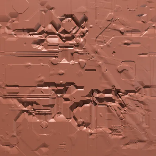 3D sculpting brush effect for Blender, creating random damaged sci-fi textures on models.