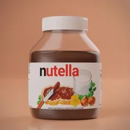 "Nutella Chocolate Hazelnut Spread - High-quality 3D model for Blender 3D. Close-up view of a jar of Nutella with a spoon and a glass, rendered in Octane. Realistic food picture inspired by Adam Pijnacker, featuring clean cel shaded design. Perfect for creating visually appealing food scenes in Blender 3D."