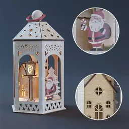 "Wooden LED lantern for Christmas decoration - laser cut and burned edges with intricate details. High-quality 3D model for Blender 3D software. Perfect for adding a realistic touch to your holiday scenes or architectural renders."
