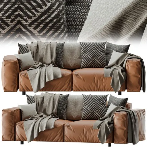 Detailed Blender 3D model showcasing a brown sofa with gray cushions and fabric textures.