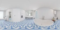 360-degree HDRI showcasing a spacious bathroom with a white and blue patterned floor, modern fixtures, and ample lighting.