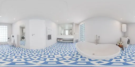 360-degree HDRI showcasing a spacious bathroom with a white and blue patterned floor, modern fixtures, and ample lighting.