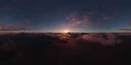 Aerial HDR panorama for 3D scene lighting with serene pink sunset above rocky peaks and clouds.