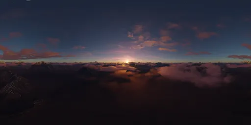 Aerial HDR panorama for 3D scene lighting with serene pink sunset above rocky peaks and clouds.