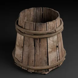 Detailed textured 3D model of a wooden barrel for game environments, compatible with Blender.