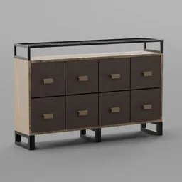 "Industrial side board agape 3D model for Blender featuring a wooden cabinet with drawers, glass top and hard rubber chest. Inspired by Kawai Gyokudō and rendered in gunmetal grey. Ideal for hall and interior design projects."