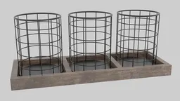 Detailed wireframe pen holder 3D model with a wooden base, designed for Blender rendering and desktop organization.