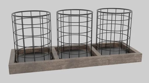 Detailed wireframe pen holder 3D model with a wooden base, designed for Blender rendering and desktop organization.