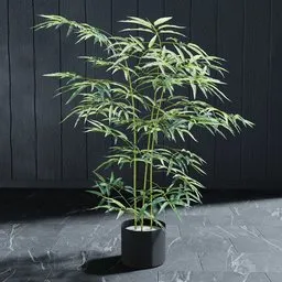 "Highly-detailed artificial bamboo 3D model for Blender 3D with linked copy objects, perfect for adding a touch of greenery to your scenes. Easy to modify and place in your own flowerpot. Based on a real product and rendered in HD with soft outdoor lighting."