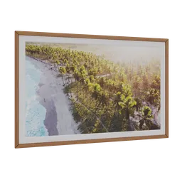 "Add a touch of the tropics to your scene with the Beach Frame 3D model. Featuring a stunning 8K render of a beach with palm trees, this framed poster is perfect for wood panel wall decor. Get trending on Artstation with this exquisite 3D map and product view, rendered with Octane and available for use in Blender 3D."