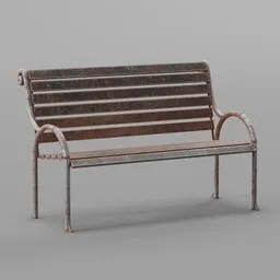 "Street bench 3: A detailed, rusty metal bench with damaged arms, inspired by Ditlev Blunck. This 3D model, created using Blender 3D, is perfect for decorating your street scenes. Incorporating an old Roman style with rectangular shape and braziers, it adds an authentic touch to your virtual world."