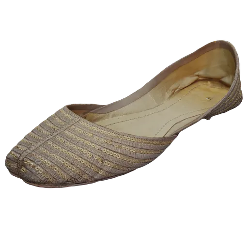 Highly detailed beige traditional 3D slip-on shoe with complex pattern and texture, suitable for Blender rendering.