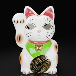"Manekineko 3D sculpture model for Blender 3D, featuring a white cat with a green collar and a gold coin. Rendered in metallic ceramic with a polished finish, inspired by Shūbun Tenshō. This Japanese concept art is perfect for your Blender projects."
