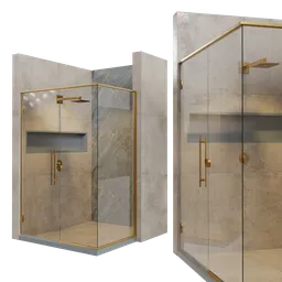 Detailed 3D model of a luxury shower enclosure with glass doors and gold fixtures for Blender rendering.