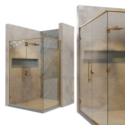 Detailed 3D model of a luxury shower enclosure with glass doors and gold fixtures for Blender rendering.
