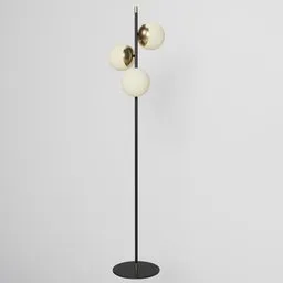 Elegant 3D model of a vintage-style standing lamp with spherical shades and matt gold finish, suitable for Blender rendering.