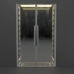 "Explore futuristic research labs with this sci-fi door 3D model. Featuring a sleek glass design, metal handle, mirror, and weathered armor plating, this realistic 8K model is perfect for your Blender 3D scenes. Inspired by Fred A. Precht's art deco style and suitable for CNC plasma vector art, elevator or lockbox designs."
