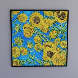 Detailed sunflower artwork in a square frame for Blender 3D model visualization.