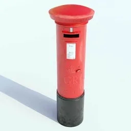 "Vintage red postbox modeled in high detail for Blender 3D. Inspired by The Mazeking, this 3D render boasts smooth, rounded shapes, vivid studio lighting, and a blunt brown border. Perfect for cityscape scenes and design projects."