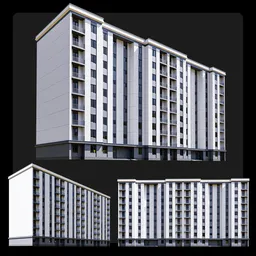 Modern 3D residential building model with grey and white facade, balconies, and flat roof for Blender rendering.