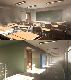 3D modeled school hallway and classroom with lockers and furniture, rendered in Blender with natural lighting.