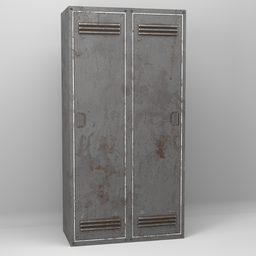 "Metal Locker Cabinet 2 Doors" - a highly detailed shelving 3D model for Blender 3D. Perfect for classified government archives, servers and warriors fan art, featuring a metallic skin texture and rust background. Two doors with handles add to the realism of this untextured 3D model.