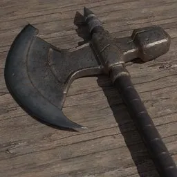Weathered 3D barbarian axe model with realistic textures, compatible with Blender rendering.