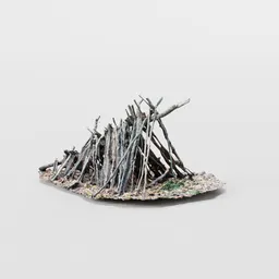 Detailed 3D rendered camp shelter with intricate stick design, ideal for Blender environmental scenes.