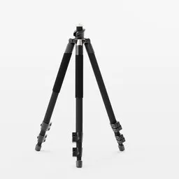 "Manfrotto Tripod - Comprehensive 2D render of a slender symmetrical black tripod with a camera on top. High-resolution product photo with half-rear lighting and automated defense platform. Suitable for Blender 3D modeling with rigged feature and expandable feet using empties."