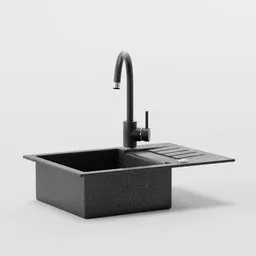 Realistic Blender 3D model preview of a modern kitchen sink with black faucet and integrated drainer.