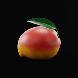 "Close-up view of a ripe Tahitian mango with a leaf on a black background. This 3D model, designed in Blender 3D, is perfect for video game assets, advertising logos and posters. With realistic shades of peach, this juicy fruit is a great addition to any project."
