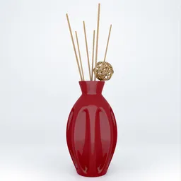 "Low poly red ceramic vase with decorative sticks on a white surface. Unique design with atmospheric fume. 3D model created in Blender 3D."