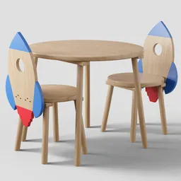 Kids' rocket-themed 3D wooden table and chairs, Blender render, furniture set design.