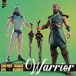"Stylized warrior character, fully rigged and ready for action in Blender 3D. Intricately detailed armor and two sharp swords convey power and strength. Perfect for fantasy settings in games or projects."