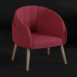 High-quality Blender 3D maroon tub chair model with wooden legs, ideal for commercial design rendering.