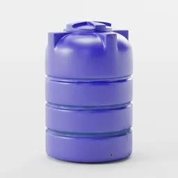 "Industrial container 3D model: Blue plastic water tank with handle for gardens or rooftops, realistically shaded in Blender 3D. Octane render, purple and yellow color scheme."
