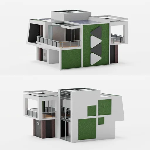 Eco-friendly modern 3D model home with moss, panoramic windows, large balcony, and single-car garage created in Blender.
