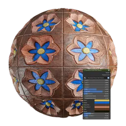 High-quality PBR procedural flower wall tile texture for 3D modeling, showcasing varied blue and brown floral designs, Blender compatible.