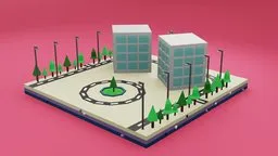 3D render of stylized low-poly commercial buildings with trees, optimized for Blender.