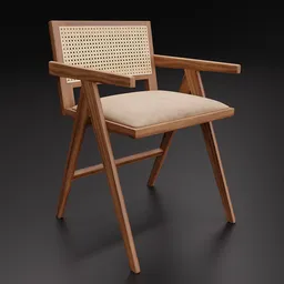 "Contemporary regular chair model in Blender 3D - Chair Gun Rattan with cane back and wood seat. High precision detailing and topstitching in the style of Kyrill Kotashev and Frederick Hammersley. Perfect for various interior design purposes."