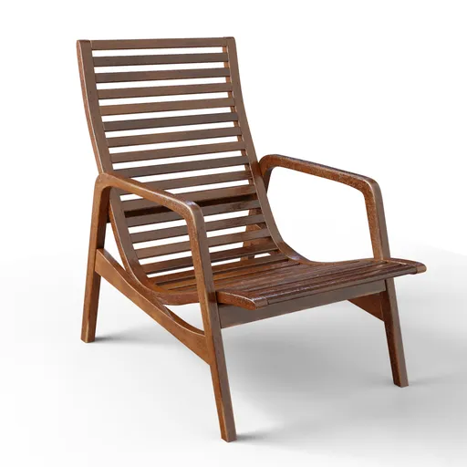 Realistic 3D model of a textured wooden chair with armrests and aged finish, compatible with Blender for garden scenes.