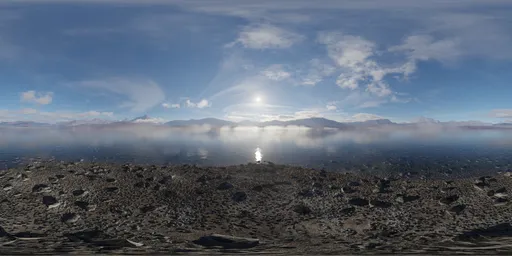 High-resolution HDR of a serene lakeside with reflective water, sun peaking through clouds, and distant mountains for scene lighting.